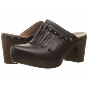 Dansko Mules Womens Brown Full Grain Leather Block Heel Studded Fringed Size 41